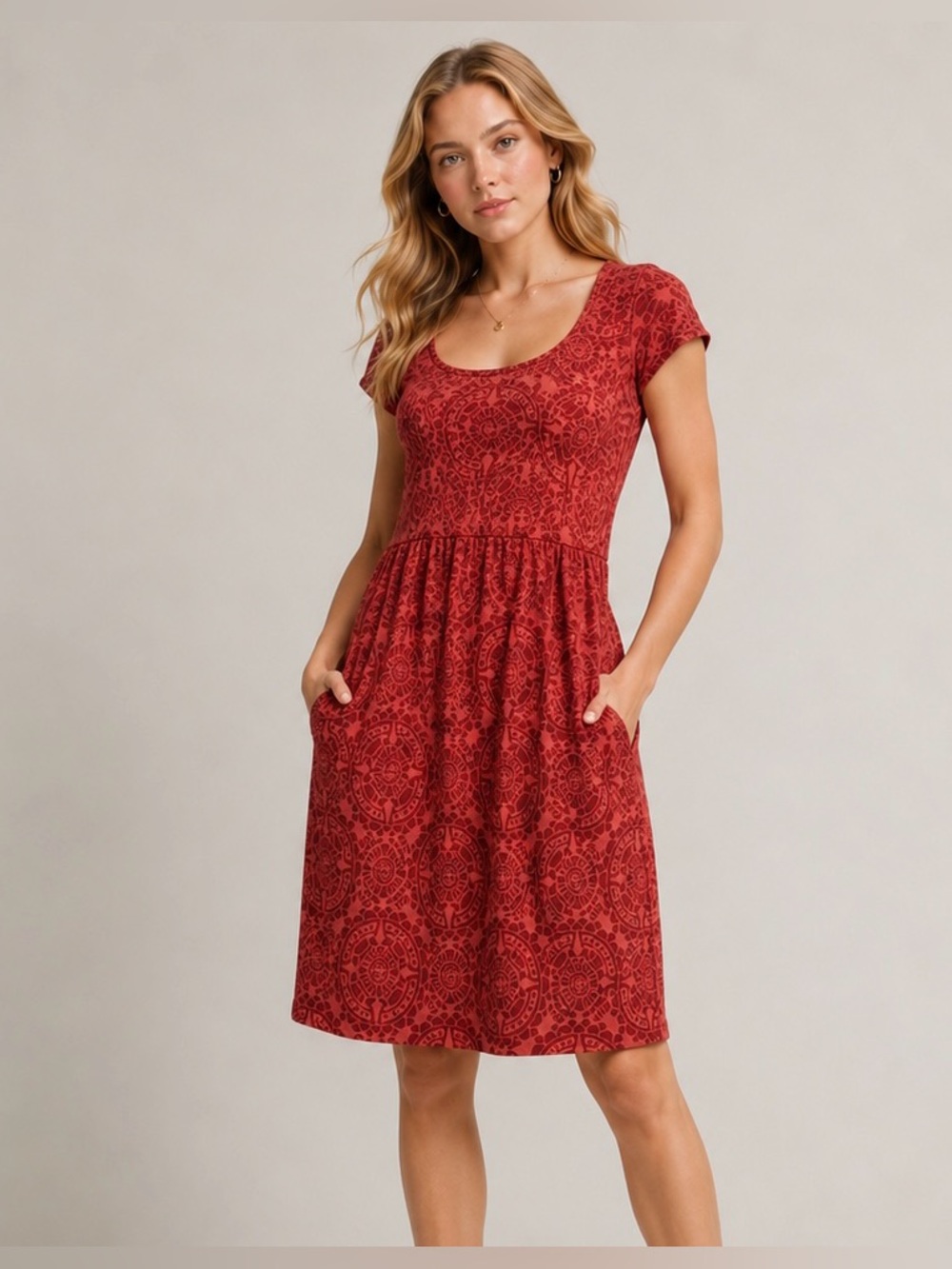 Sonoma Life + Style Women Rust Red Printed Knee Length Dress Short Sleeve M